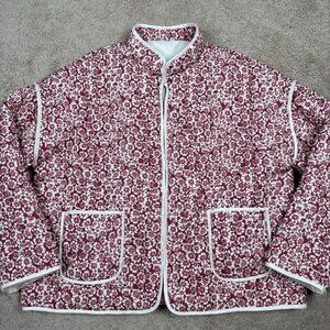 Quilted Puffer Chore Jacket Womens XL Red Floral Barn Coat Bohemian Cottagecore
